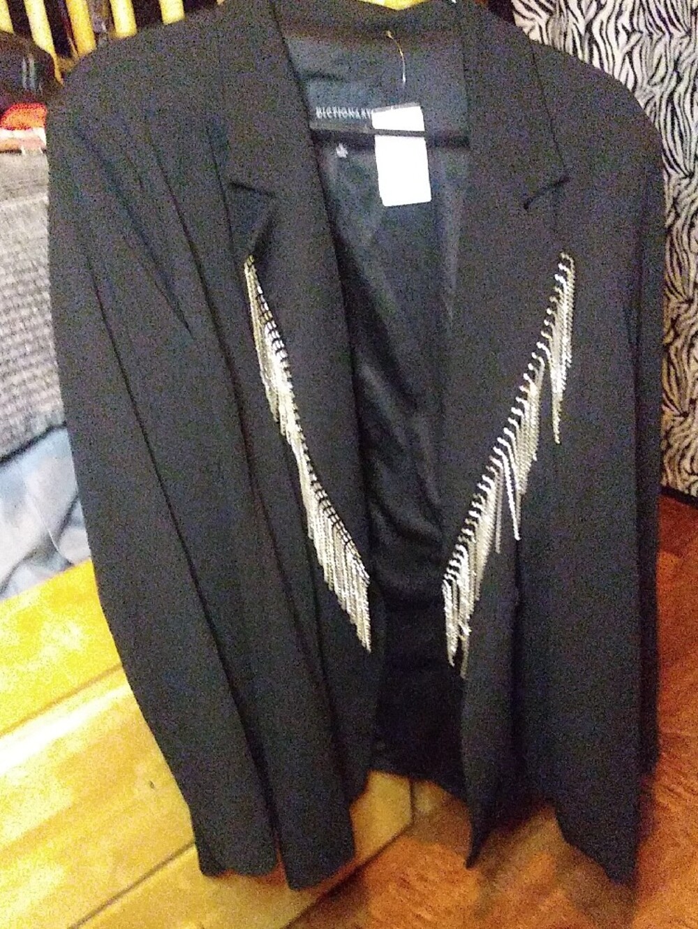 Black Long-Sleeve Knit Top with Silver Fringe Trim